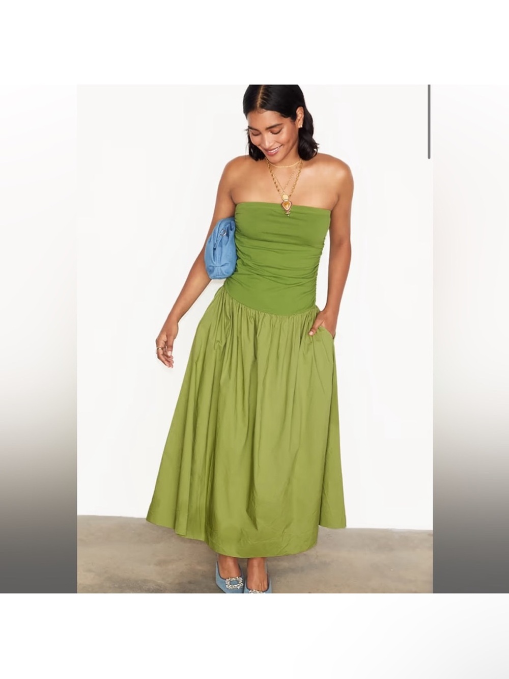 Never Fully Dressed Strapless Olive Green Maxi Dress